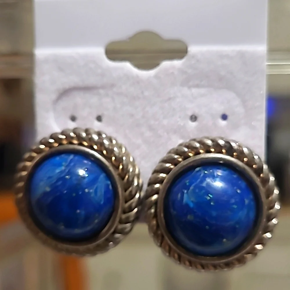Earrings Clip Vintage Button Marine Blue Glitter Cabachon silver tone setting